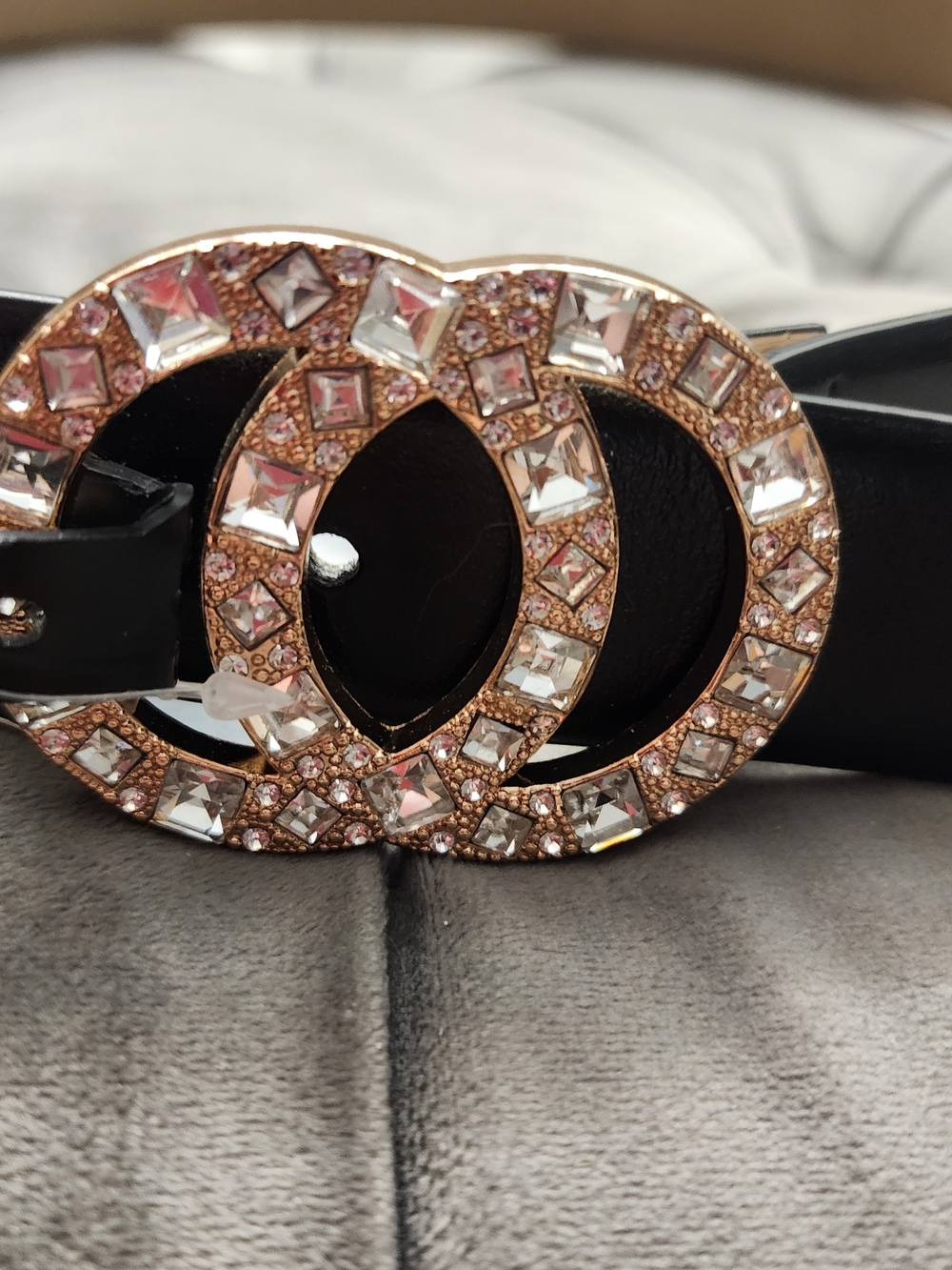 Women's Black Leather Belt with Rose Gold And Bling Crystal Double-Loop Buckle